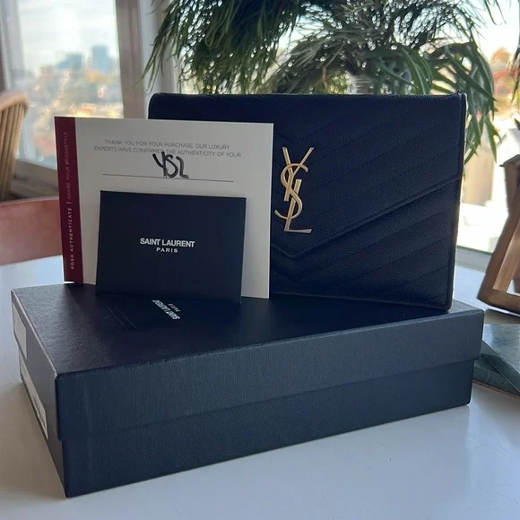 SAINT LAURENT MATELASSE CHAIN WALLET with gold chain